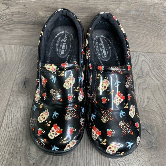 Easy Street Day Of The Dead Women Shoes Size 8W Laurie Clogs Nursing EUC - Picture 2 of 11